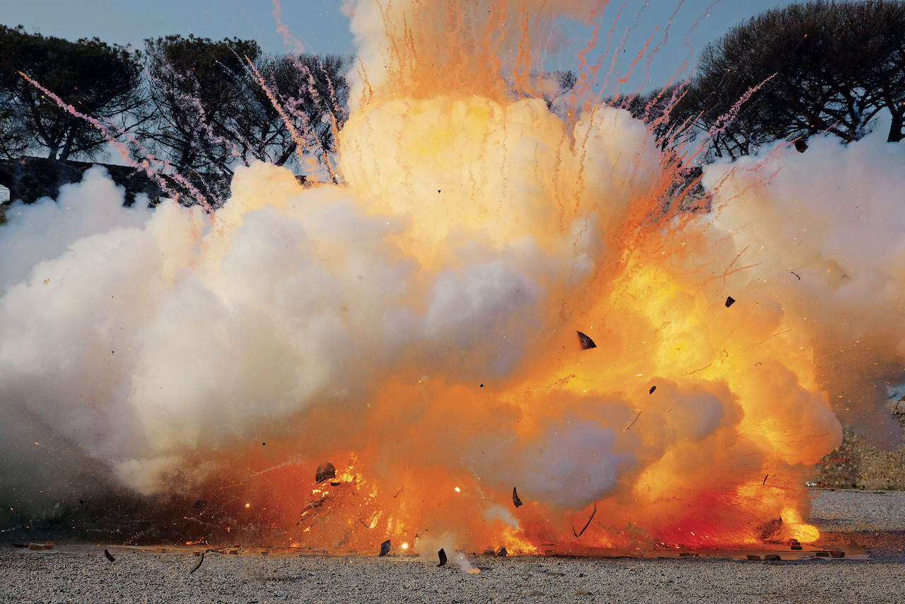 Cai Guo-Qiang, Explosion Studio, 2019, Realized at the Amphitheatre of Pompeii, February 21, 3:00 pm, Gunpowder, canvas, silk, plaster, marble, dry fresco, glass, terracotta, wooden boat [Ephemeral] 