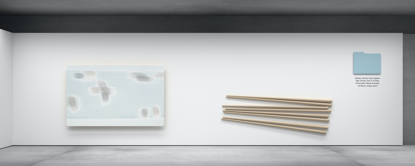 Chou Yu-Cheng, Refresh, Sacrifice, New Hygiene, Rag, Canvas, Chou Yu-Cheng, Dining table, Wiping, Everyday, Ink Rhyme, Image, Album, 2020, Painting, chopstick, file clip, 150×240×3 cm, 7×7×260 cm ×8 pcs, 68×54×2 cm Courtesy the Artist and Edouard Malingue Gallery