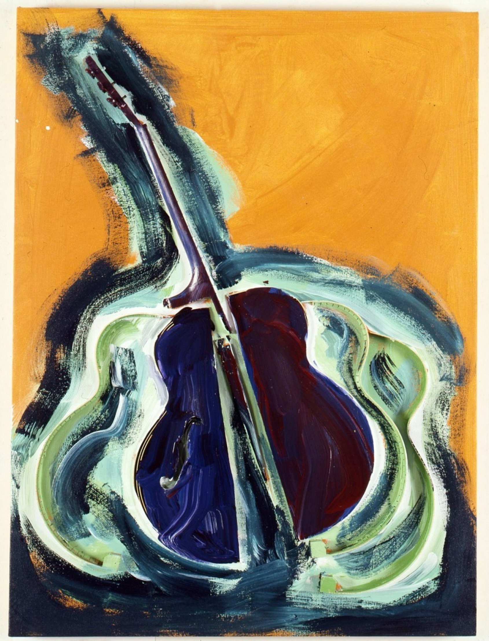 Untitled, Arman, 2004, 121.9x91.4x12.7cm. Sliced guitar with acrylic paint on canvas. Colors: hensa yelloworange (canvas), gold-green dyna, violet cobalt,white, pthalo turquoise,alixarin crimson. Courtesy of The Arman Marital Trust. 