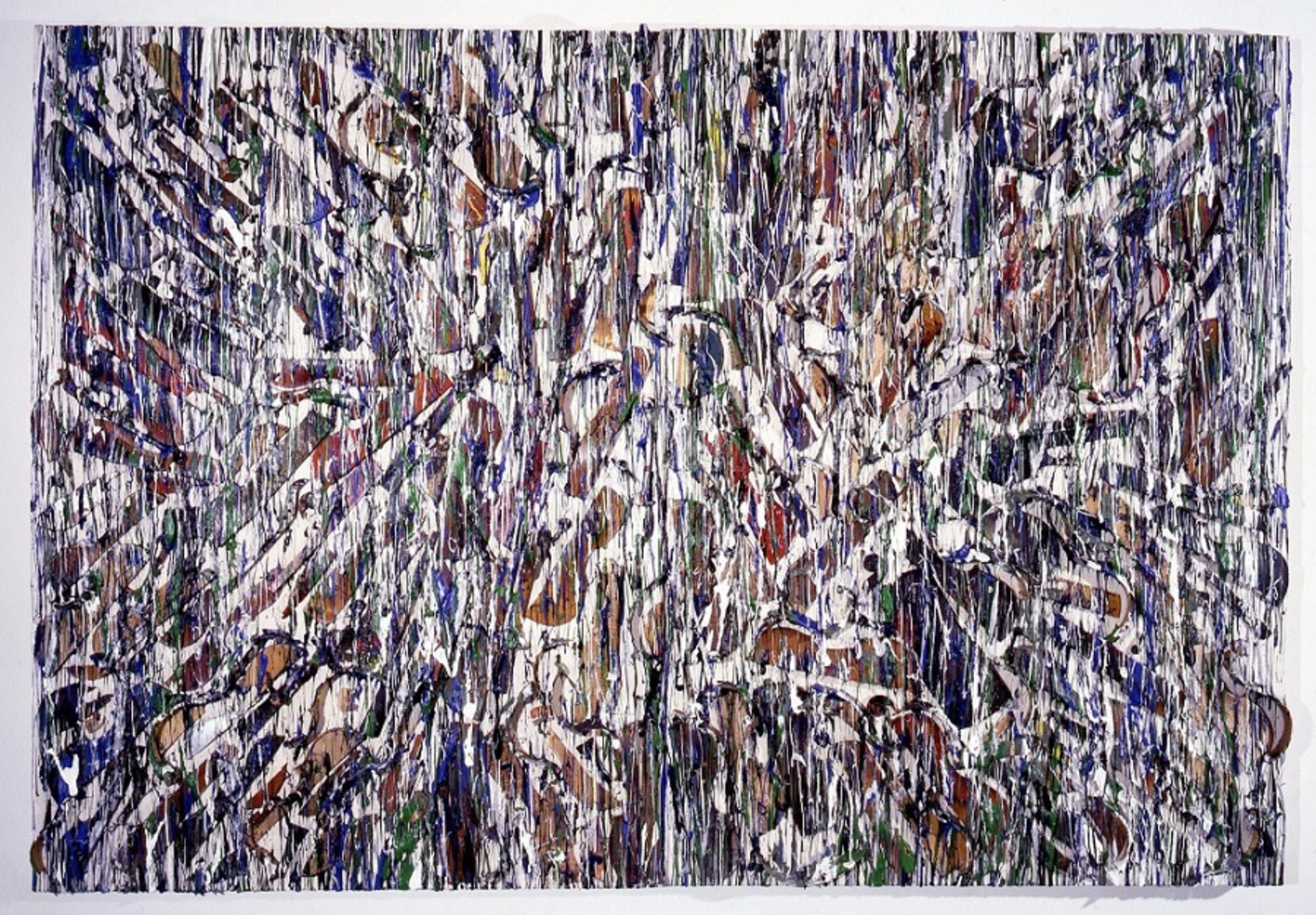 Austerlitz’s Sky, Arman, 1990, 182.9x269.2cm. Diptych - sliced violins and bows with acrylic paint on canvas. Colors:permanent green light, mars black, chrome oxide green, cobalt blue, ultraarine blue, silver, titanium white. Courtesy of The Arman Marital Trust.