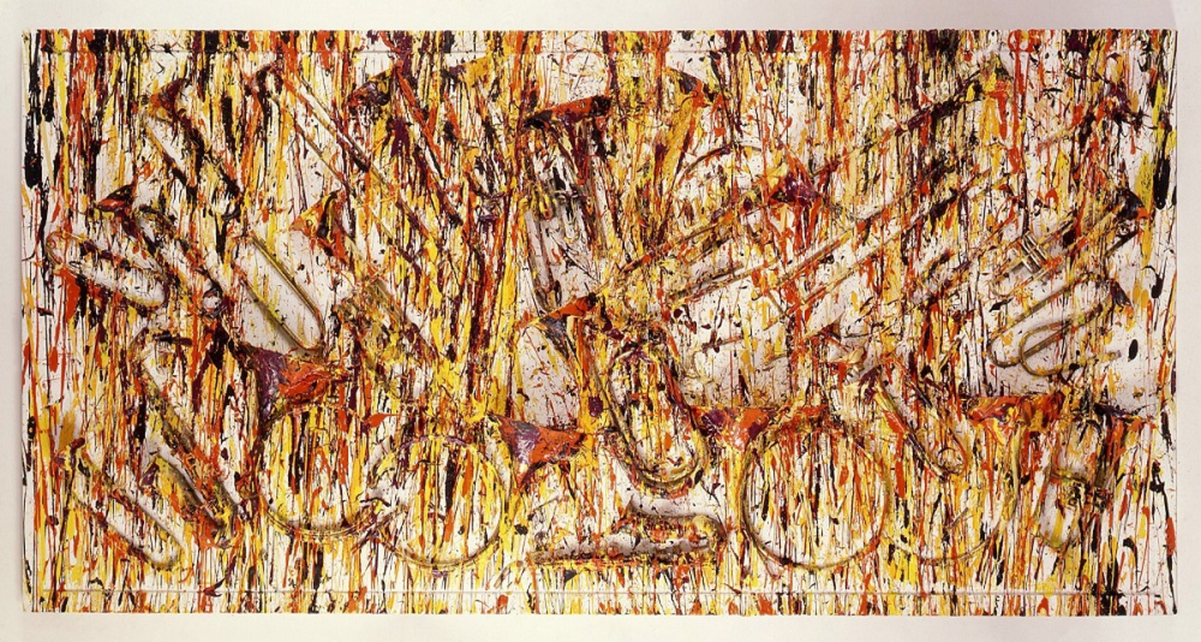 Fanfare sous le Feu, Arman, 1989, 160x315cm. Sliced and broken brass musical instruments with acrylic paint on canvas. Colors: red, blue, green, orange, purple, yellow, brown, and white(canvas). Courtesy of The Arman Marital Trust. 