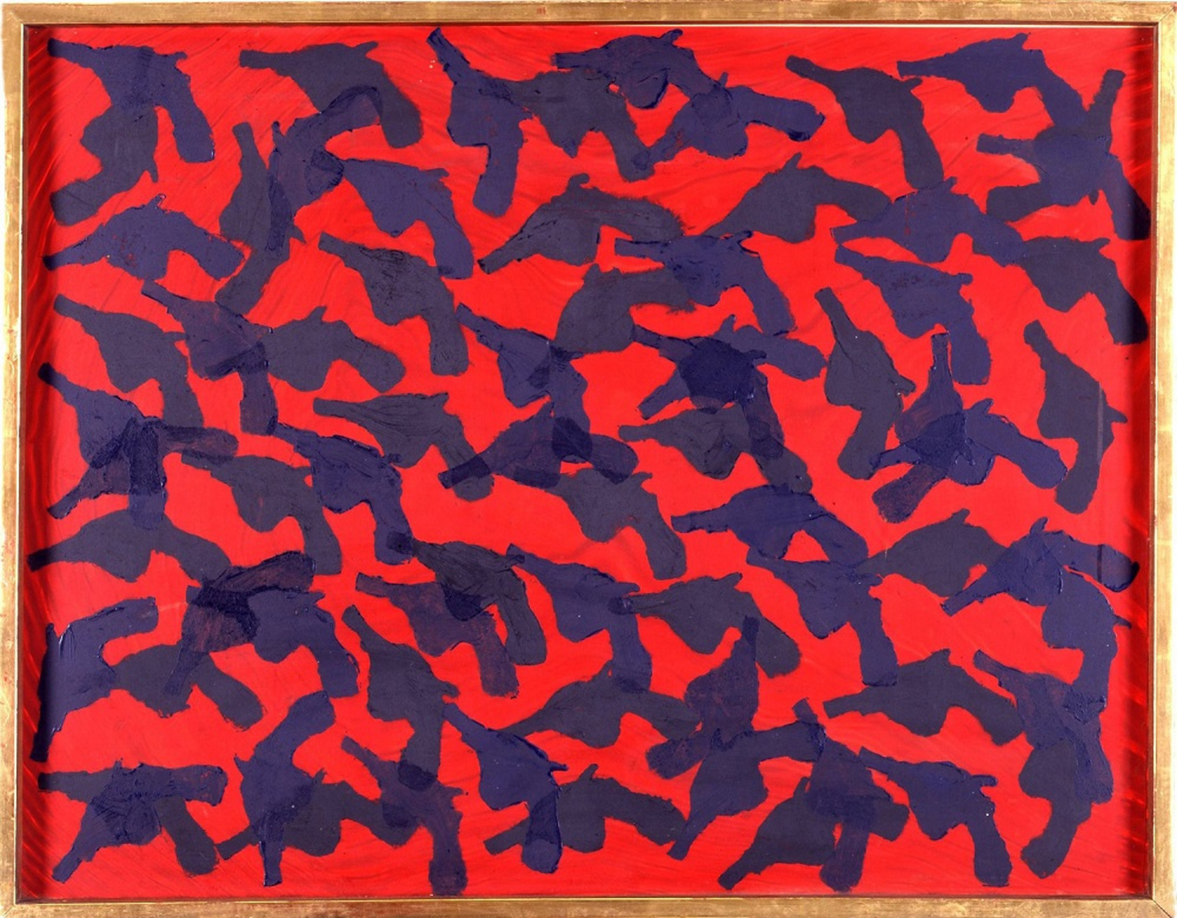 Bloody Guns, ARMAN, 1965, 61x91.4cm. Accumulation of guns painted in acrylic paint on vinyl. Courtesy of The Arman Marital Trust. 