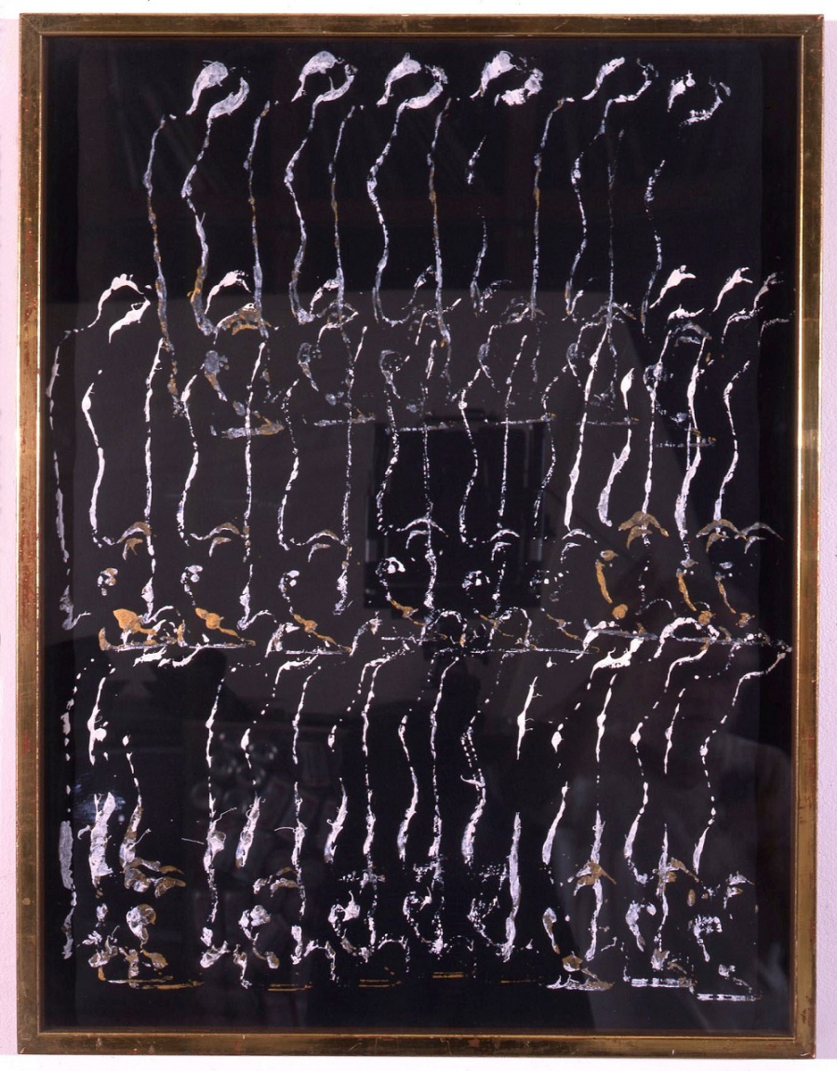 Procession, Arman, 1964, 65x49.5cm. Gouache imprint on black paper. Courtesy of The Arman Marital Trust. 