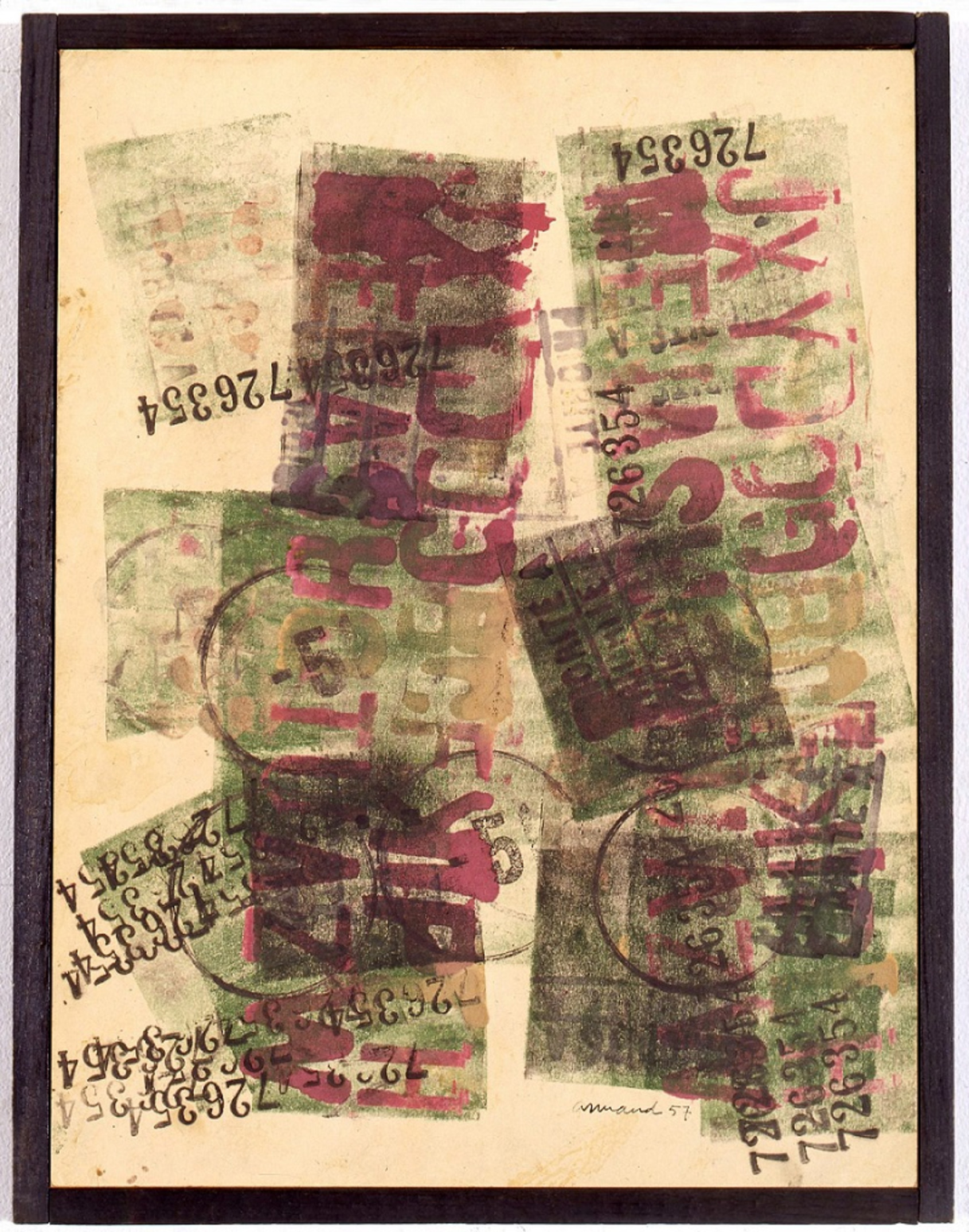 Priorite A, ARMAN, 1957, 32x24.5cm. Rubber stamps on paper. Courtesy of The Arman Marital Trust. 