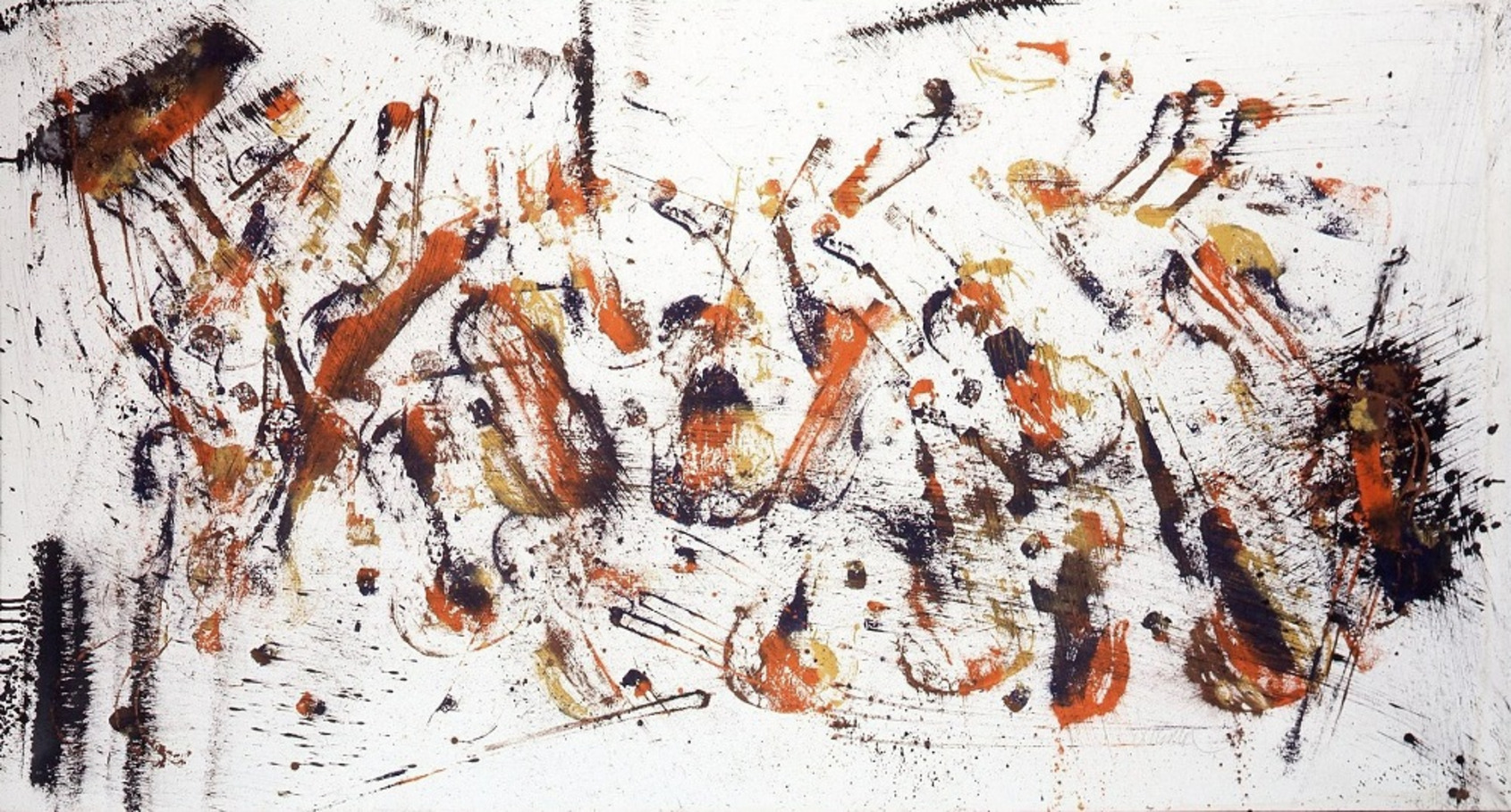 Saga, Arman, 1975, 124x230cm. Casein on paper mounted on canvas, traces of violins and bows. Courtesy of The Arman Marital Trust. 