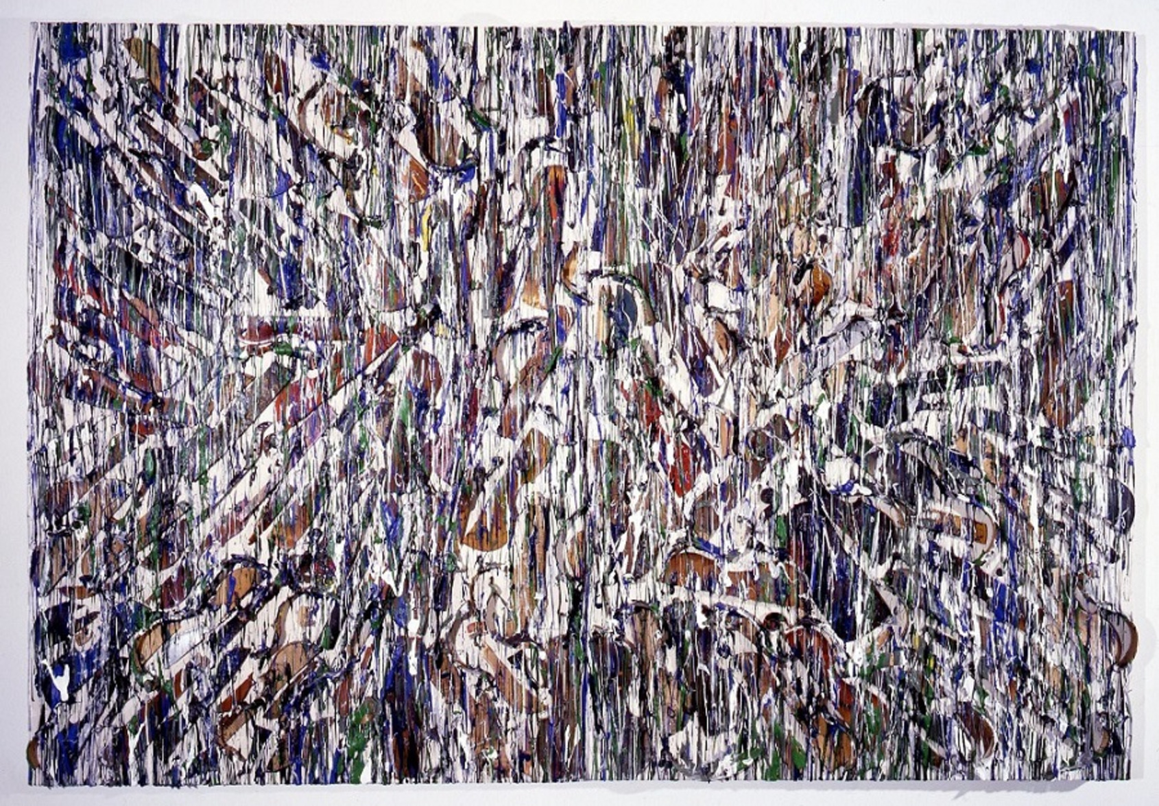 Austerlitz’s Sky, Arman, 1990, 182.9x269.2cm. Diptych - sliced violins and bows with acrylic paint on canvas. Colors:permanent green light, mars black, chrome oxide green, cobalt blue, ultraarine blue, silver, titanium white.  Courtesy of The Arman Marital Trust.