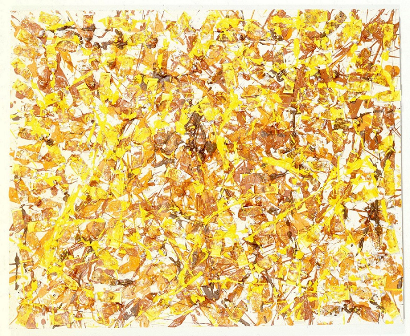 Untitled, Arman, 1990, 162 x 130 x 10 cm. Paint tubes and acrylic paint on canvas. Colors: mars yellow, cadmium orange light, cadmium yellow light, raw sienna. Courtesy of The Arman Marital Trust. 