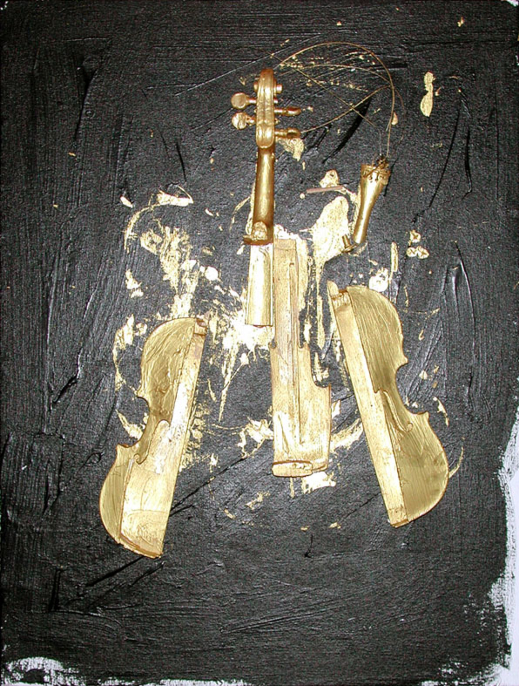 Untitled, Arman, 2004, 81.3 x 61 x 8.9 cm. Smashed violin with gold acrylic paint on black canvas . Courtesy of The Arman Marital Trust. 