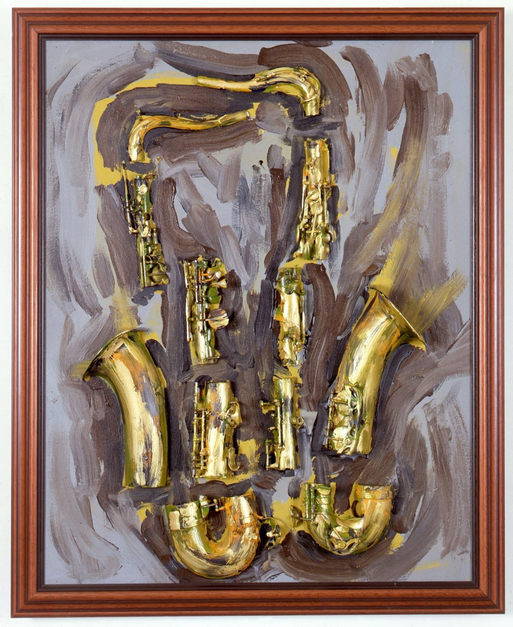 Untitled, Arman, 2002, 81.3 x 101.6 cm.Sliced saxophone with acrylic paint on canvas. Colors: black, burnt umber, yellow ochre, orange, green, gray. Courtesy of The Arman Marital Trust. 