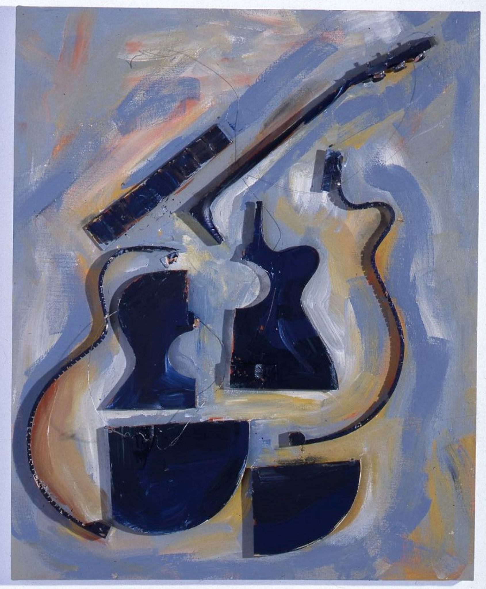 Untitled, Arman, 2002,100 x 81 x 10 cm. Sliced guitar with acrylic paint on canvas. Colors: steel blue, white, ochre rouge, ultramarine blue, raw sienna, gray. Courtesy of The Arman Marital Trust. 