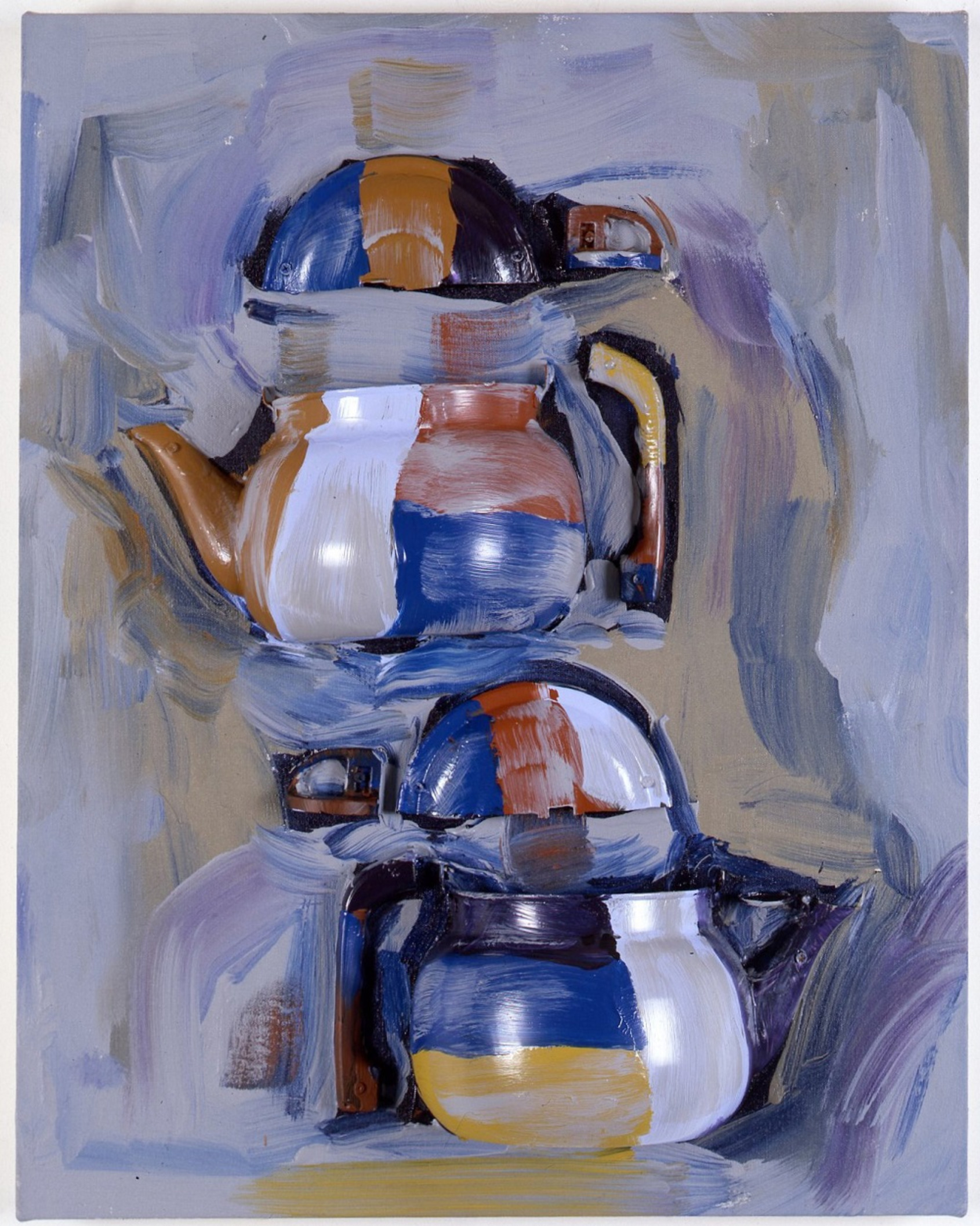Untitled, Arman, 2002, 76.2 x 61 x 15.2 cm. Sliced tea pot with acrylic paint on canvas. Colors: gray, violet, yellow ochre, cobalt blue, burnt sienna. Courtesy of The Arman Marital Trust. 